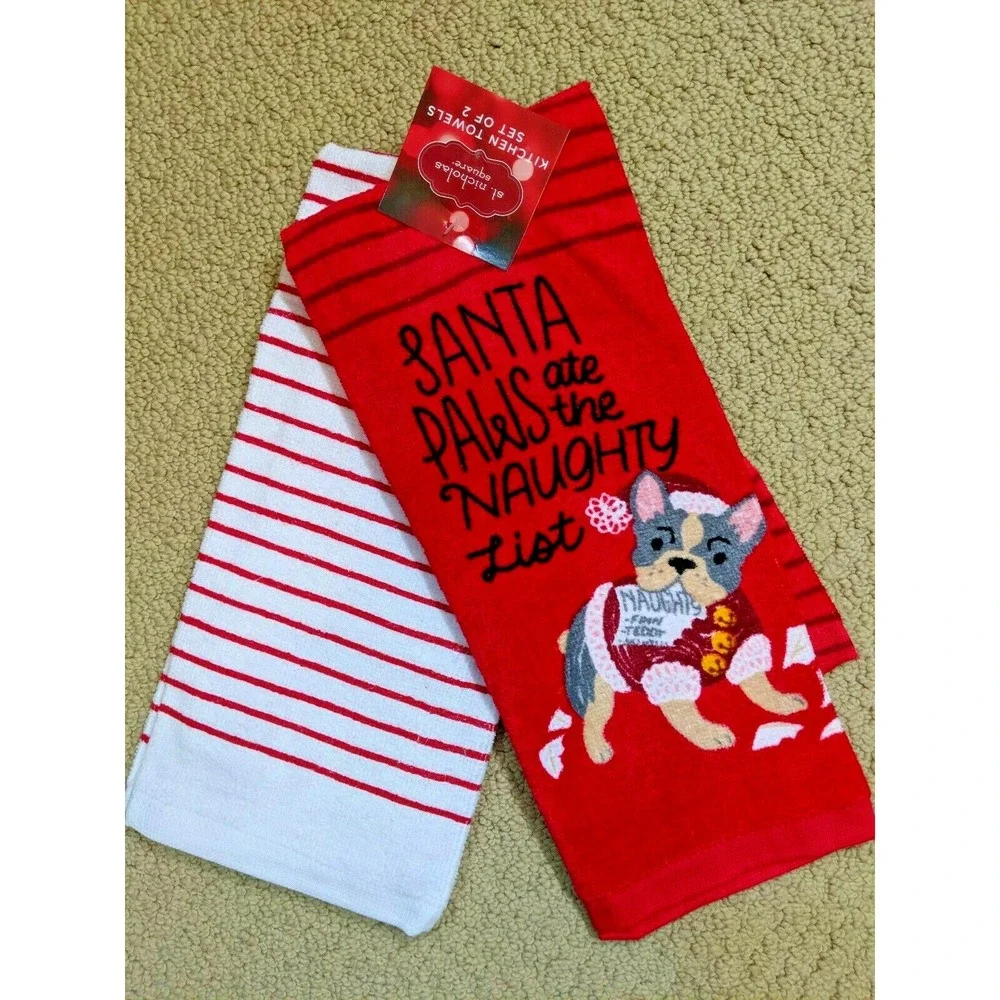 St Nicholas Square Christmas Holiday Santa Paws Bulldog Kitchen Towel 2 pack NWT